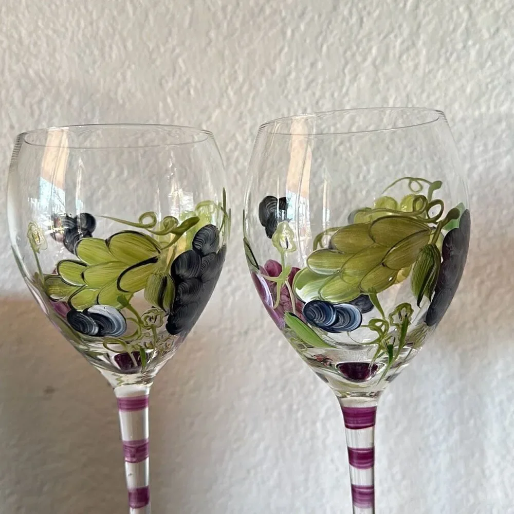 Set of two Wine Glasses hand painted grapes cocktail